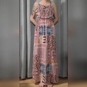 Long cinch waist colorful dress